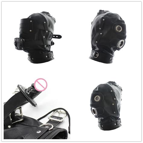 Open Mouth Penis Gag Fetish Bondage Restraint Pu Leather Slave Hood Mask Sex Toys For Couple