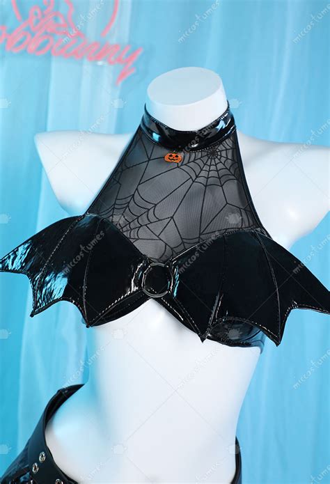 Halloween Gothic Pumpkin Witch Sexy Lingerie Set Halter Bat Wings Top And High Slit Skirt Set