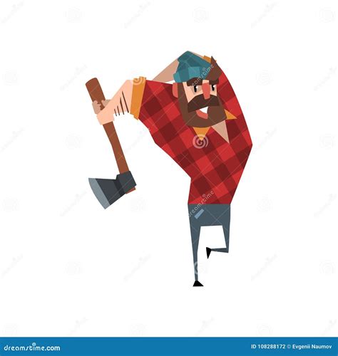 Strong Woodcutter Swinging An Ax Bearded Lumberjack Cartoon Man