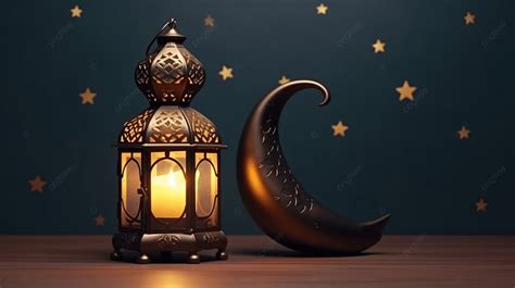 Fundo Ramadan Kareem Lua Crescente Realista 3d E Lanterna Luz Do