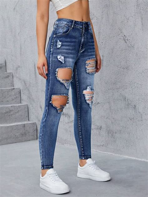 Shein Essnce Ripped Cut Out Skinny Jeans Shein Usa