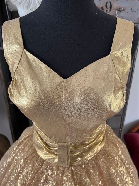 1950s Metallic Gold Cocktail Dress With Lace And Tul… Gem