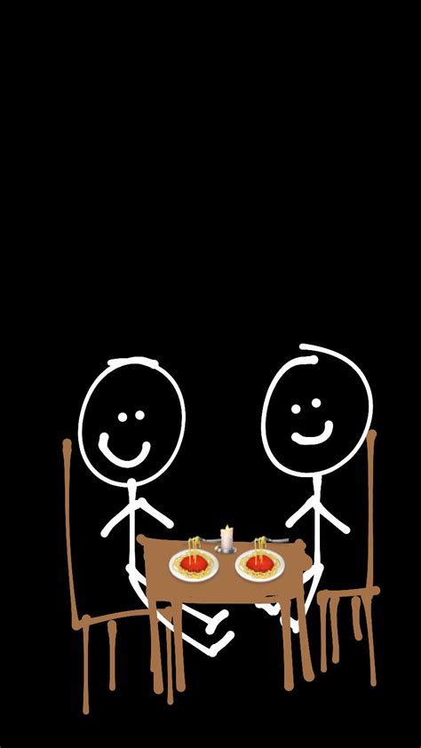 Two Stick Figures Are Sitting At A Table With Pizza On It And One Is Holding The Other S Hand