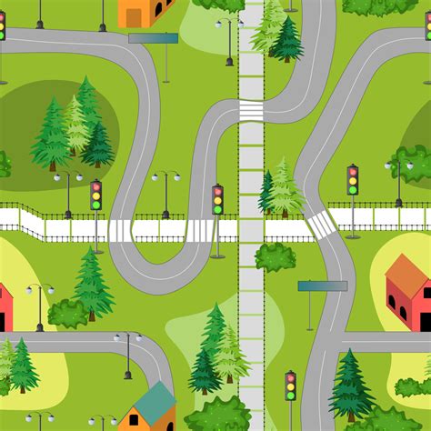 Seamless Pattern With Small Cute Town Map Houses Trees Roads