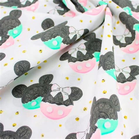 Baumwollstoff Minnie Und Mickey Mouse Rosa Und Minze Im Biscuit Stil