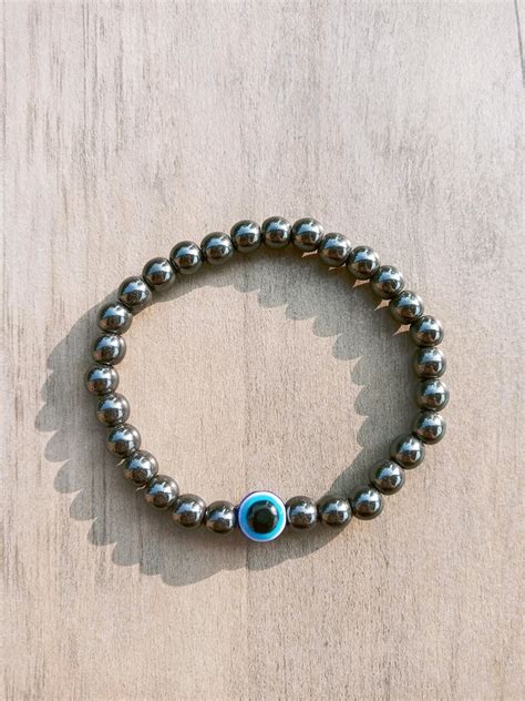 Hematite Bead Evil Eye Bracelet For Men Women Hematite Evil Etsy