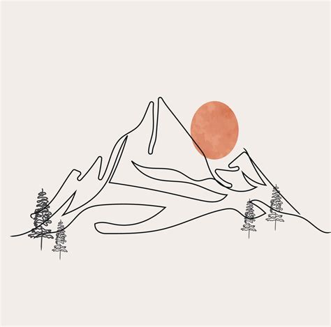 Minimalist Mountain Line Art Landscape Outline Drawing Sport