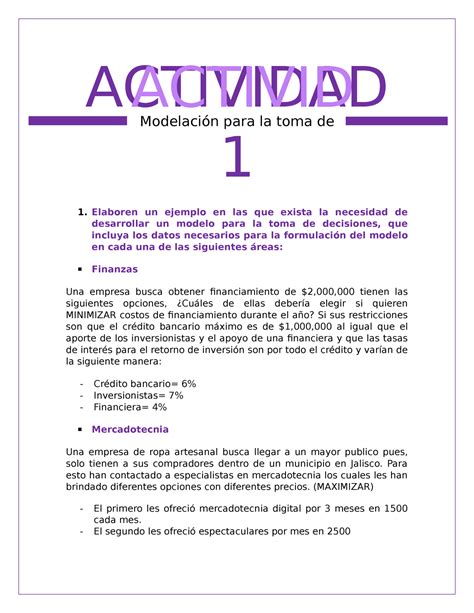 Actividad 1 modelación para la toma de decisiones ACTIVIDAD 1