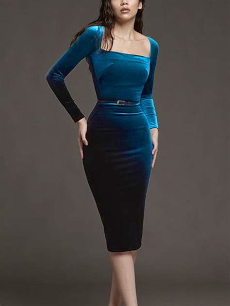 Square Neck Elegant Long Sleeve No Elasticity Hip Skirt Party Dress