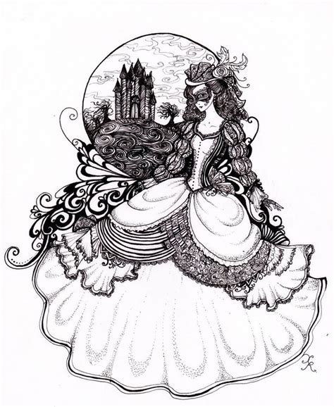 A Black And White Drawing Of A Woman In A Dress With A Castle Behind Her