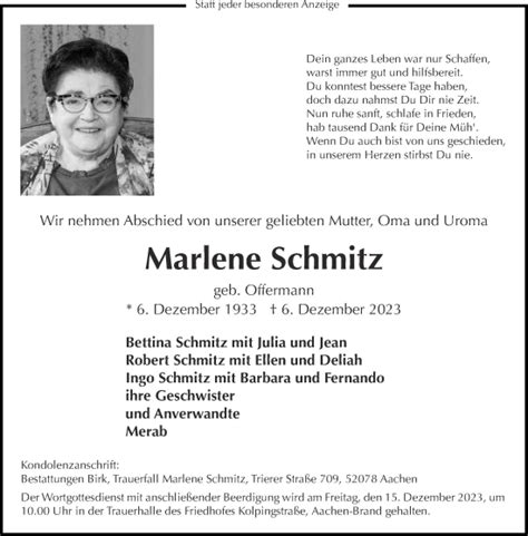 Traueranzeigen Von Marlene Schmitz Aachen Gedenkt