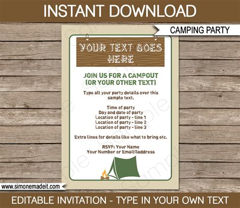 Camping Invitation Template Birthday Party Instant