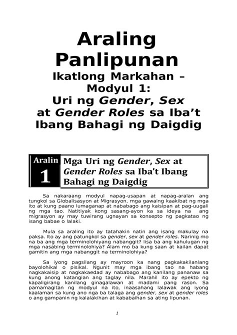 Reviewer Apm1 1 Araling Panlipunan Ikatlong Markahan Modyul 1 Uri Ng Gender Sex At