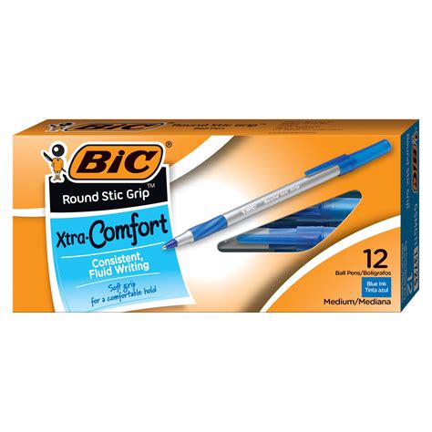 BIC Round Stic Grip Ball Pens Stick Medium Point Dozen Box 12 Blue