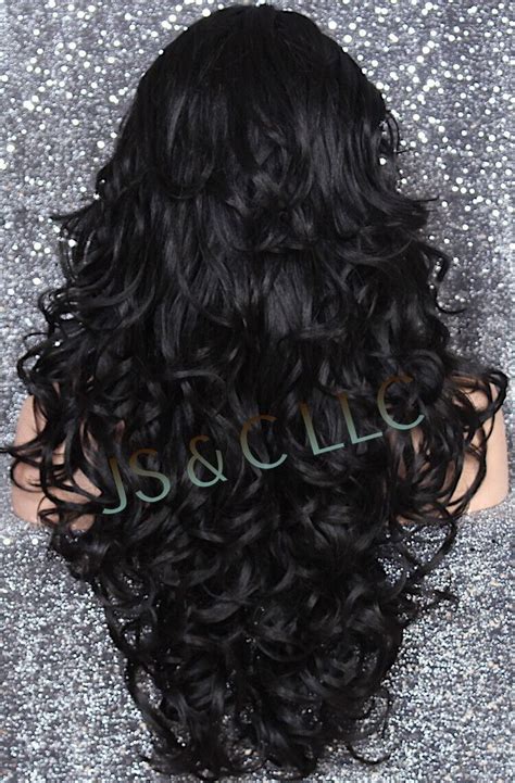 Full Heat Ok Curly Long Human Hair Blend Wig Jet Black Bangs 1 Nwt Wbso