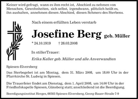 Traueranzeigen Von Josefine Berg Saarbruecker Zeitung Trauer De