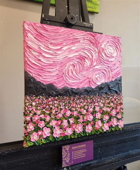 Oil Painting Pink Starry Flower Field Inspired By Van Gogh S Starry