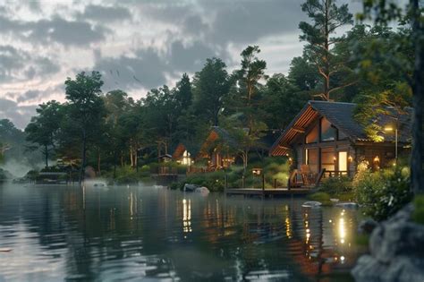 Premium Photo Tranquil Lakeside Cabins Surrounded By Trees Octan