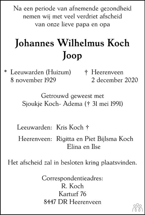 Johannes Wilhelmus Joop Koch 02 12 2020 Overlijdensbericht En