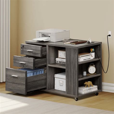 Dextrus Mobile Wood Lateral File Cabinet W Charging Station And Lock