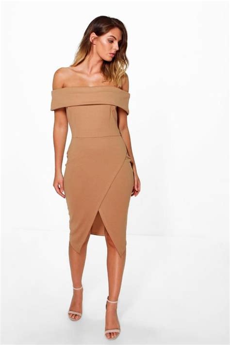 Phillis Off Shoulder Wrap Skirt Midi Dress Boohoo Dresses Womens