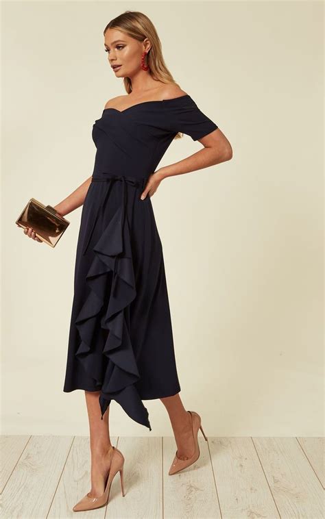 Navy Bardot Off Shoulder Midi Dress Feverfish Silkfred Us Midi