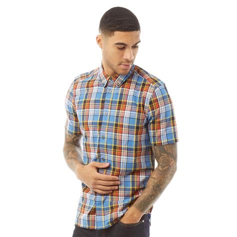 Buy French Connection Mens Short Sleeve Checked Shirt Blue Orange Multi