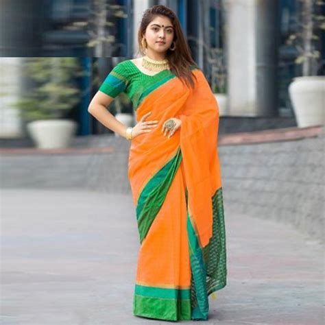 Dazzling Orange Colored Festive Wear Woven Cotton Saree