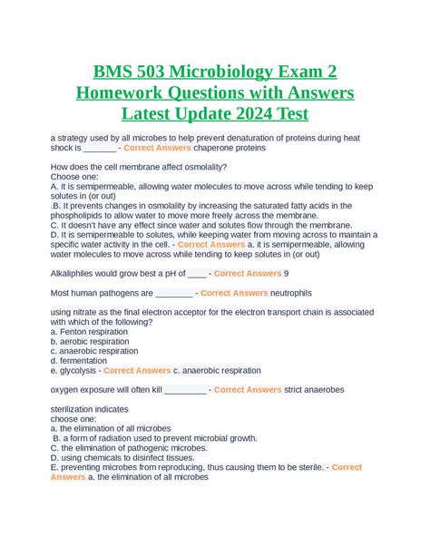 BMS 503 Microbiology Exam 2 Homework Questions With Answers Latest