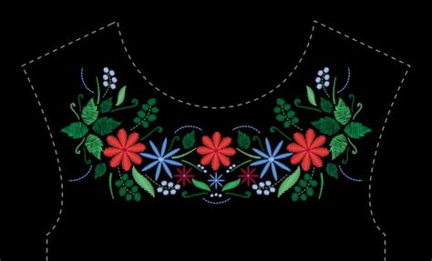 Premium Vector Satin Stitch Embroidery Design With Flowers Folk Line