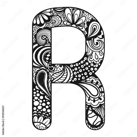 Zentangle Stylized Alphabet Lace Letter R In Doodle Style Hand Stock