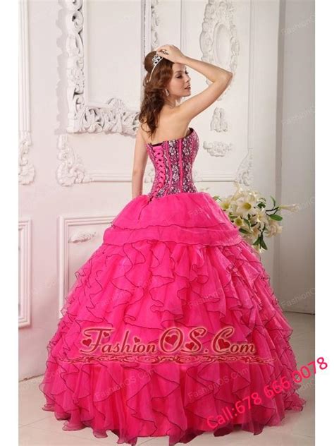 Cheap Hot Pink Quinceanera Dress Sweetheart Organza Beading Ball Gown