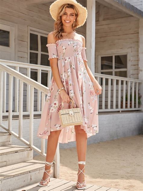 Off Shoulder Shirred Bodice Floral Print Dress SHEIN USA