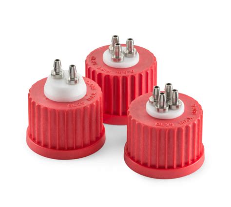 Dwk Duran Connection Cap System Gl 25 With Red Pbt Screw Cap Ptfe Inert With 3 Ports Stainless