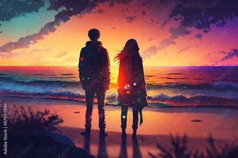 Romantic Anime Couple Watching the Sunset at the Beach, Anime Digital Art illustration for ...