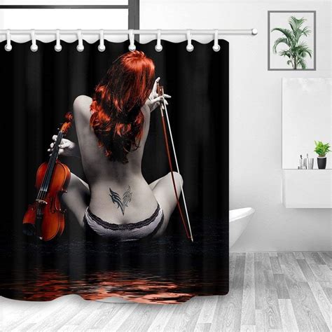 Artopb Music Lover Shower Curtain Naked Sexy Girl With Violin In Black