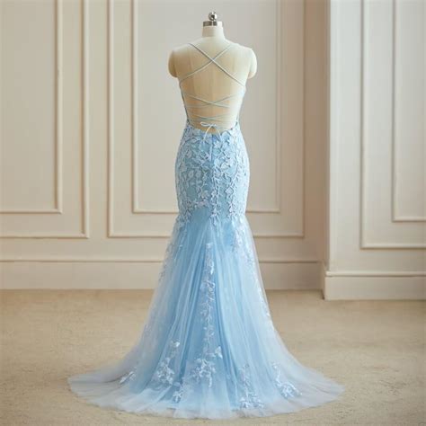 Lace Applique Mermaid Prom Dresses Long Spaghetti Straps Tulle Formal