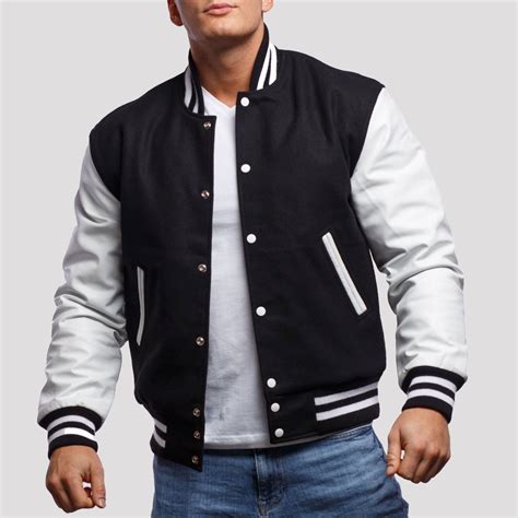 Varsity Base Men Jacket Black Wool Body White Leather Sleeves Letterman