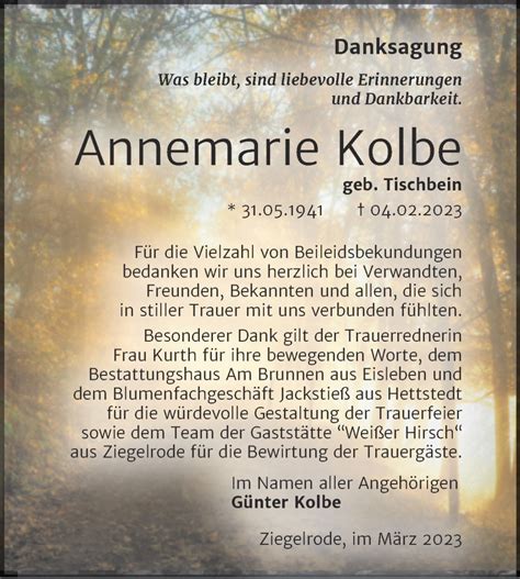 Traueranzeigen Von Annemarie Kolbe Abschied Nehmen De