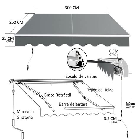 Toldo Con Brazo Retractil Terrazas 3X2 5 Mts Gris IGpro