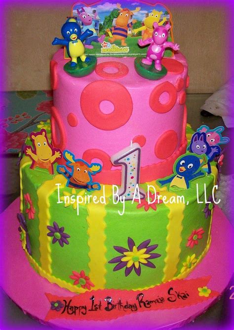 A Birthday Cake Decorated With Cartoon Characters On It S Sides And The