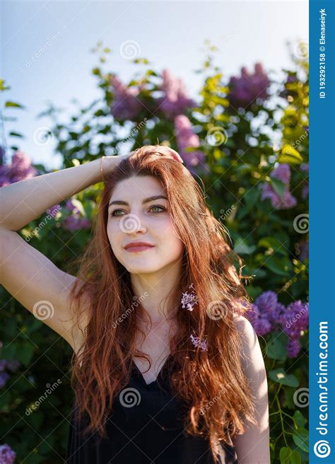 Portrait Of Young Woman Or Girl Among Lilac Blooming Bushes Stock