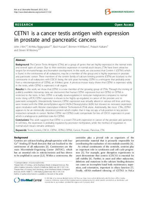 Pdf Cetn1 Is A Cancer Testis Antigen With Expression In Prostate And