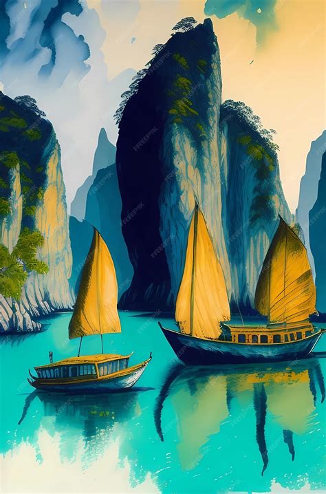 Premium Photo Watercolor Landscape Of Halong Bay Vietnam