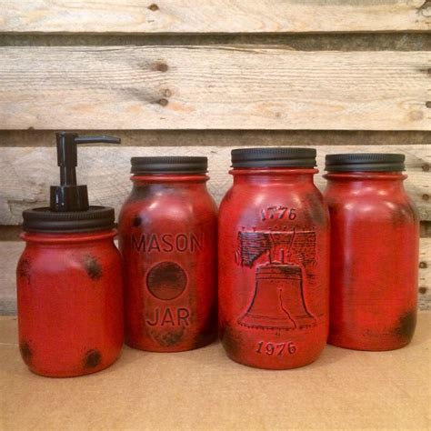 Vintage Red Mason Jar Canisters Rustic Red Canister Set Etsy