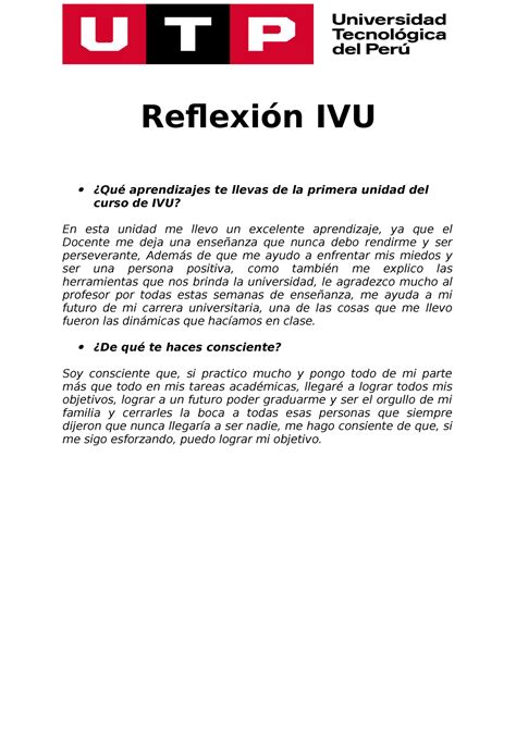 Reflexi N Ivu Final Reflexi N Ivu Qu Aprendizajes Te Llevas De La