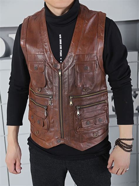 2021 Brand Casual Mens Vests Multiple Pockets Cow Genuine Leather Vest