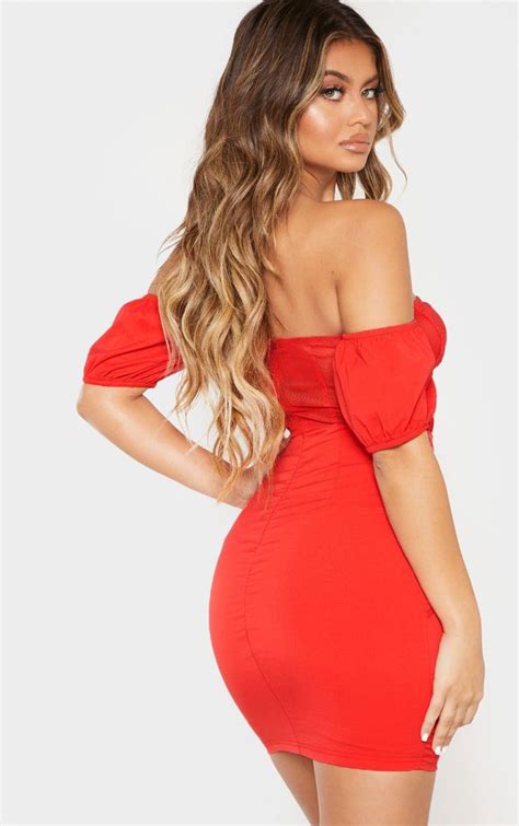 Red Bardot Mesh Insert Panelled Bodycon Dress Bodycon Dress Dress