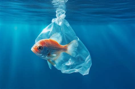 Poisson pêché dans un sac plastique en mer Photo Premium