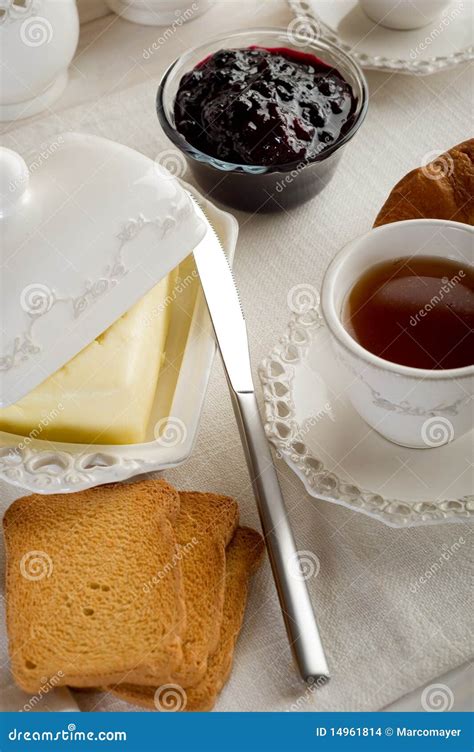 Toasted Bread With Butter Jam And Tea Stock Photo Image